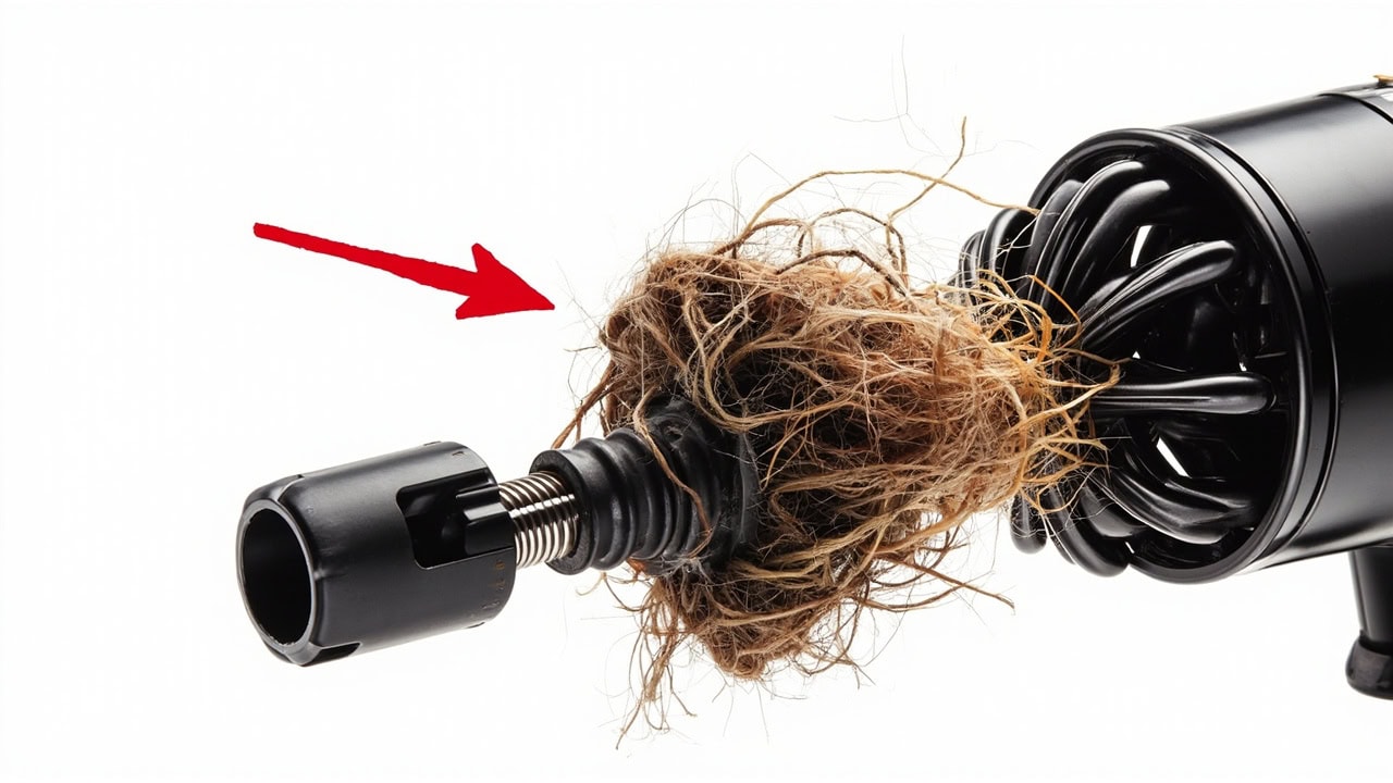 "Vacuum brush roll tangled with hair and debris causing overheating and burning smell"