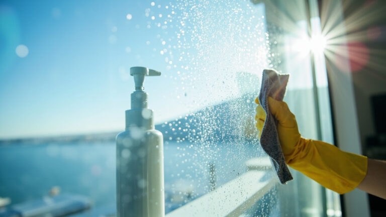 "Crystal-clear streak-free window glass cleaned with microfiber cloth and proper technique"