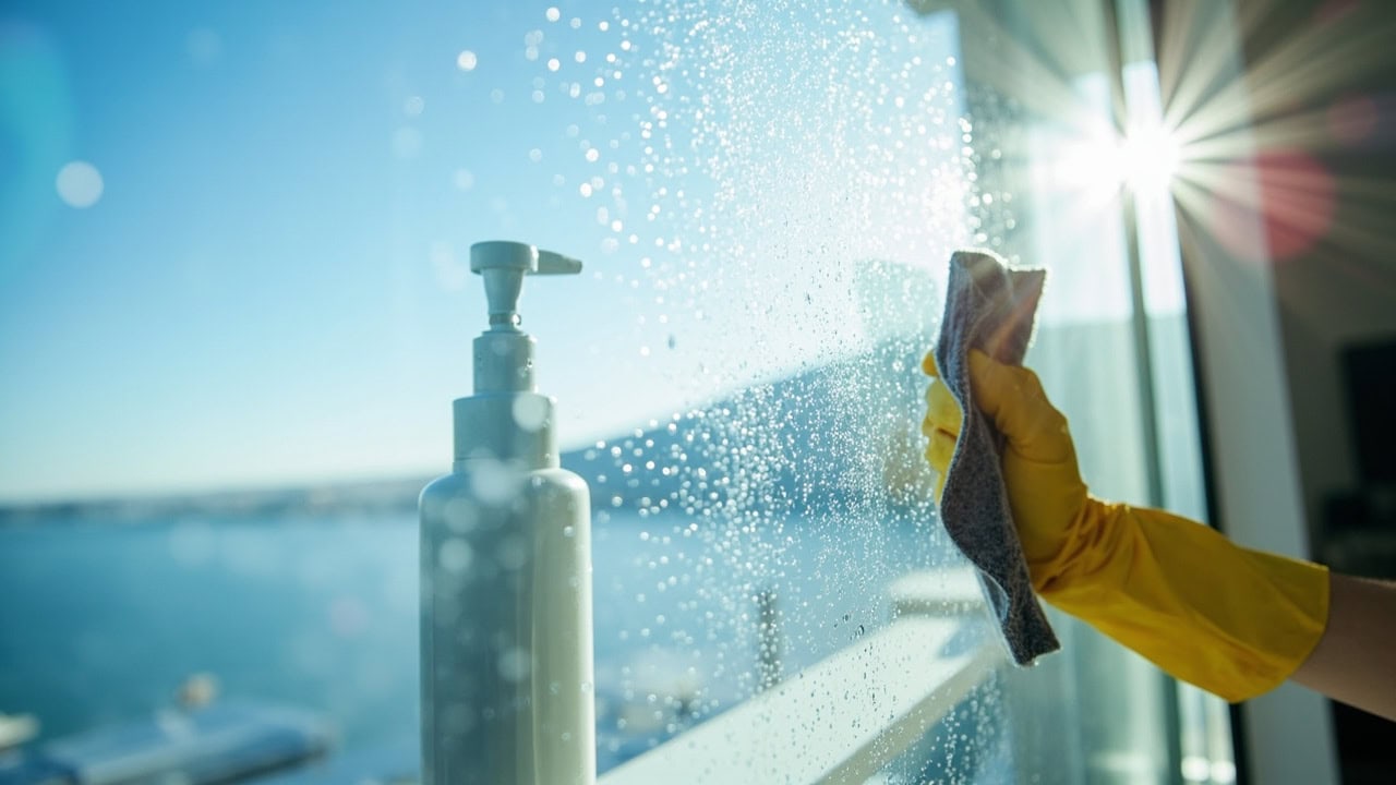 "Crystal-clear streak-free window glass cleaned with microfiber cloth and proper technique"